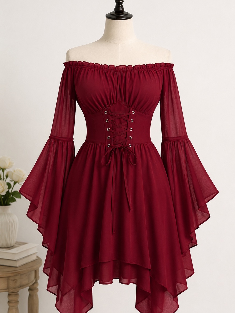 Scarlet Darkness Off-Shoulder Burgundy Lace-Up Bell Sleeve Dress
